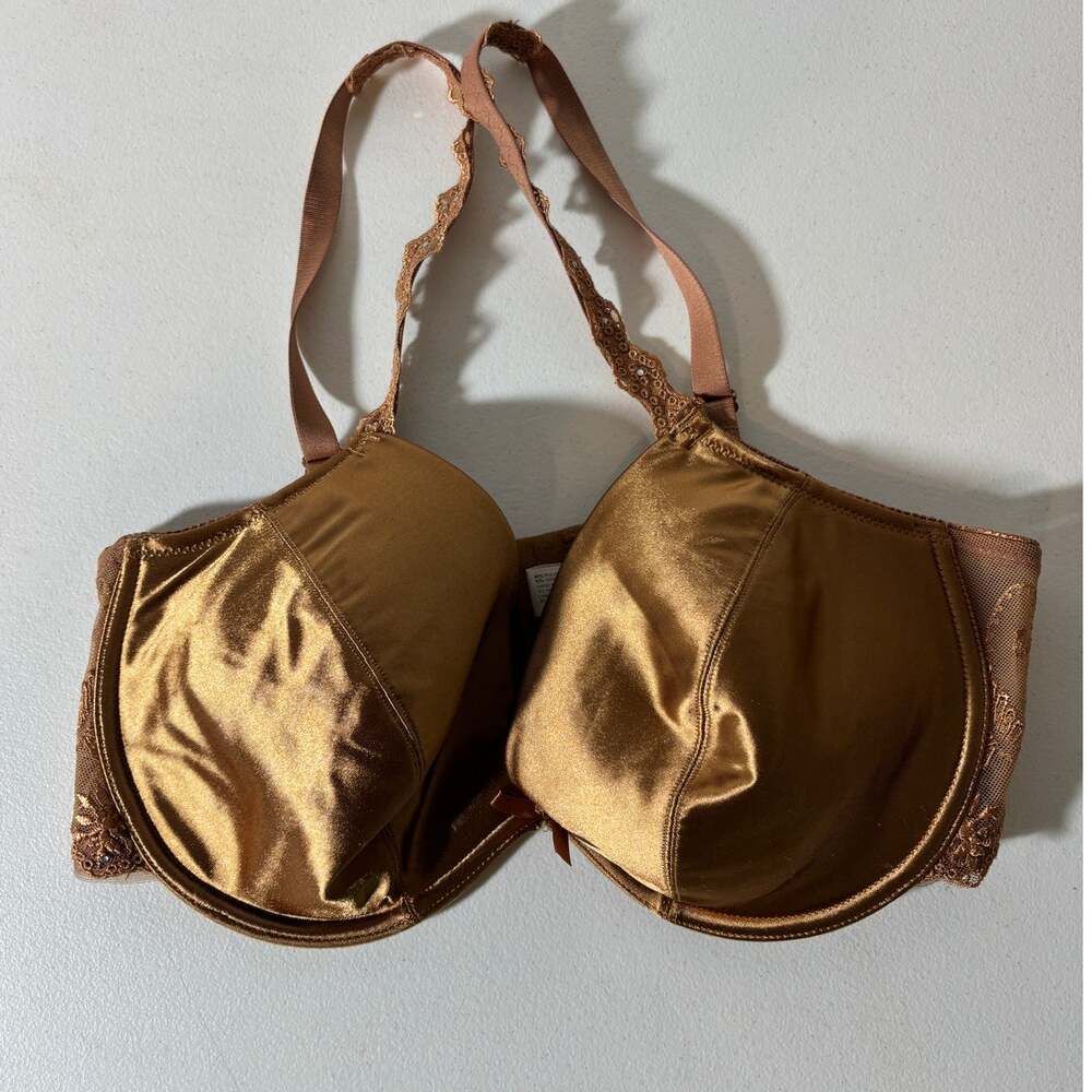 Vintage 90s Body Form Size 40D Gold Satin Underwire Bra Lined Lace Details